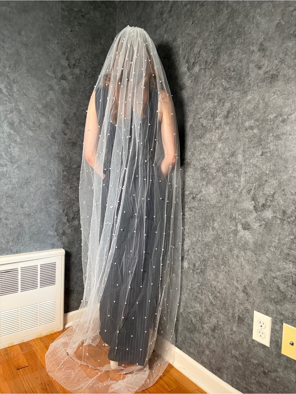 Pearl-Encrusted Chapel Length White Veil
